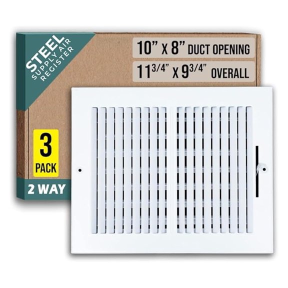 [3 Pack] Fits 10x8 Duct Opening 2 Way Steel Air Supply Diffuser by | Register Vent Cover Grille for Sidewall and Ceiling | White | Out. Dim.: 11.75" X 9.75"