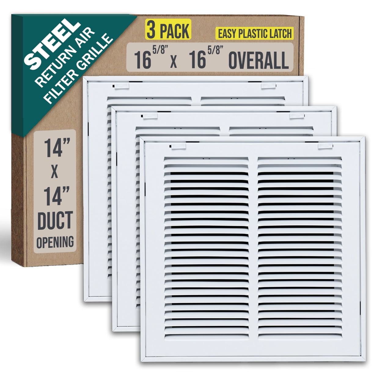 [3 Pack] Fits 14x14 Duct Opening | Steel Return Air Filter Grille by Handua [Removable Door] for 1-inch Filters | Vent Cover Grill | White | Easy-to-Use Plastic Latches | Out Dim: 16 5/8"W X 15 5/8"H