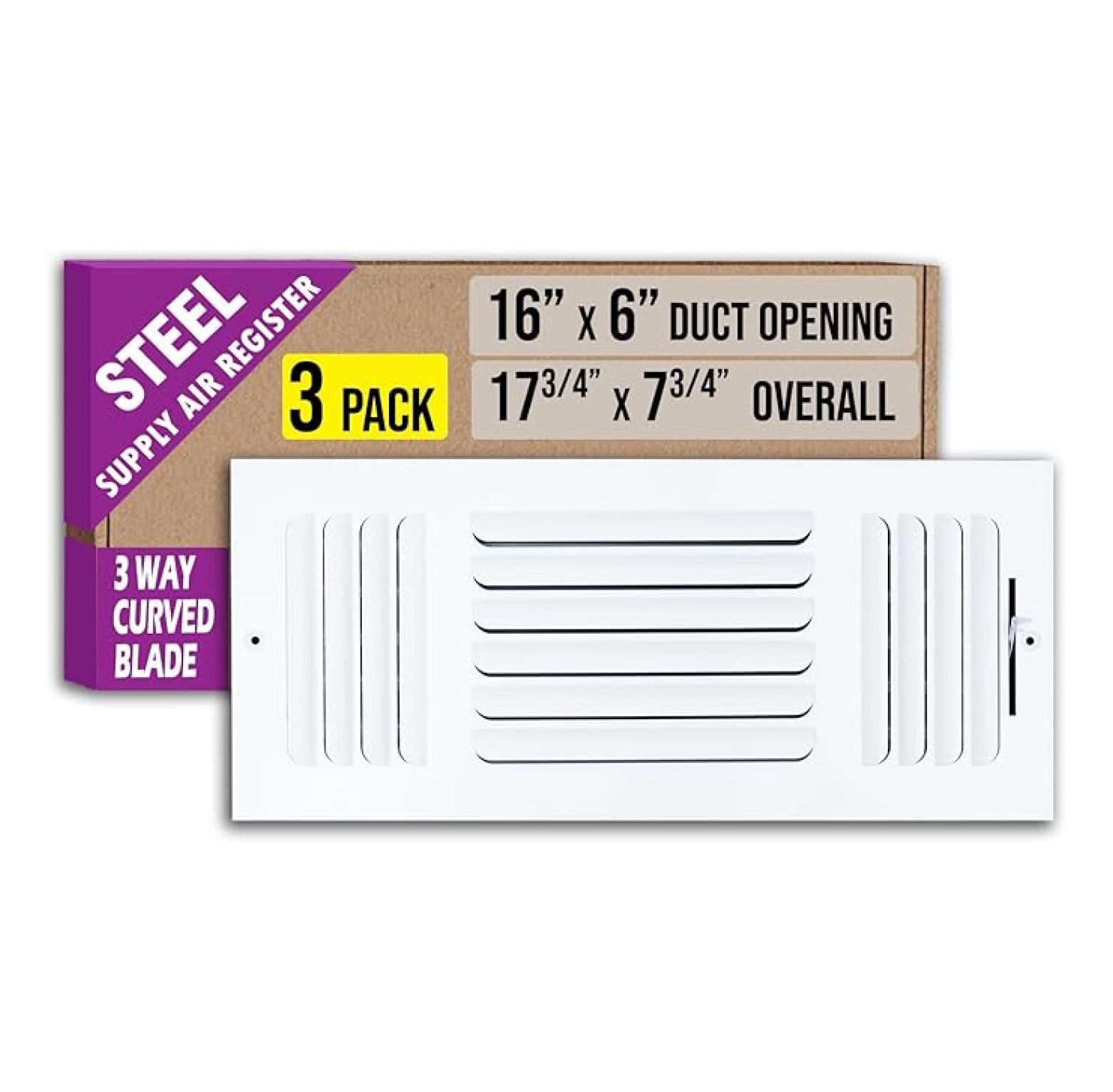 [3 Pack] Fits 16x6 Duct Opening 3 Way Fixed Curved Blade Air Supply Diffuser by | Register Vent Cover Grille for Sidewall and Ceiling | White | Out. Dim.: 17.75" X 7.75"