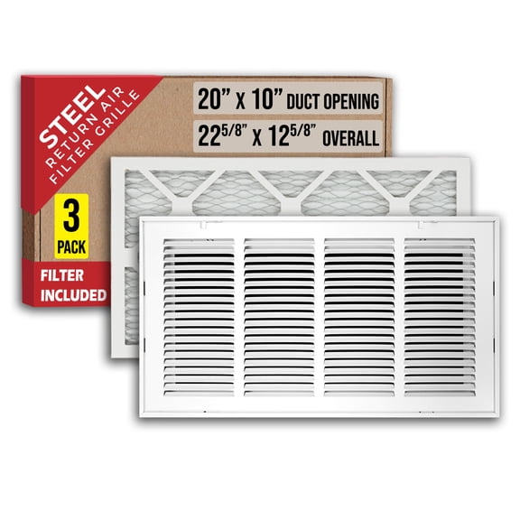 [3 Pack] Fits 20x10 Duct Opening | Filter Included Steel Return Air Filter Grille by Handua [Removable Door] | Vent Cover Filter Grill | White | Out. Dim.: 22 5/8"W X 12 5/8"H