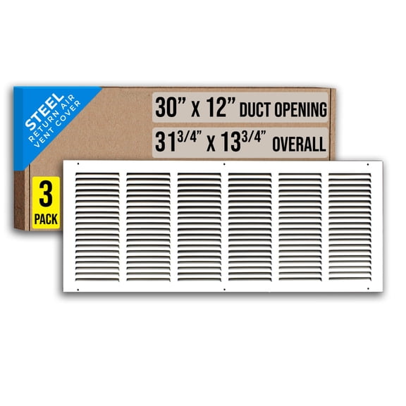 [3 Pack] Fits 30x12 Duct Opening | Steel Return Air Grille by Handua | Vent Cover Grill for Sidewall and Ceiling | White | HVAC Cold Air Intake Grille | Outer Dimensions: 31.75"W X 13.75"