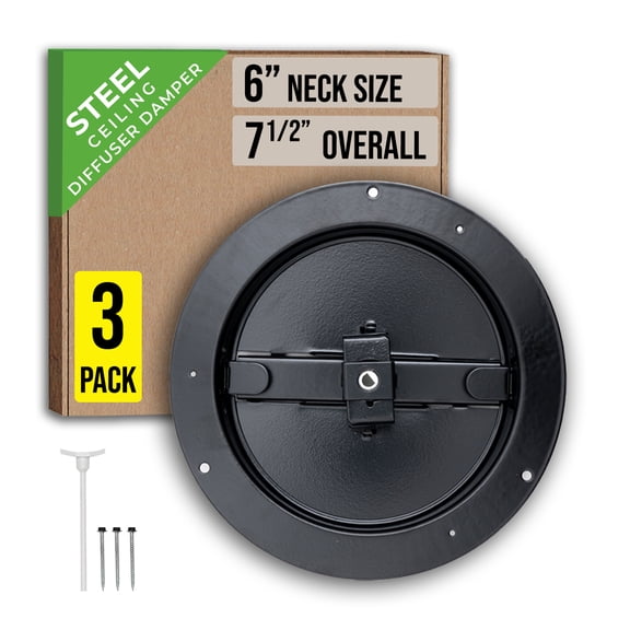 [3 Pack] Fits 6 Inch Neck Air Duct | Steel Butterfly Damper by Handua | For Round Ceiling Air Supply Diffuser with Plastic Key-Handle | Black | Outer Dimension: 7-1/2"