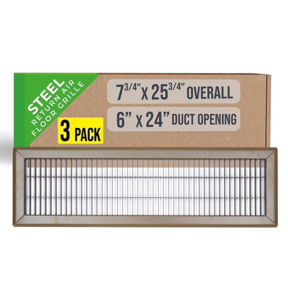 [3 Pack] Fits 6x24 and 24x6 Duct Opening | Return Air Floor Grille by Handua | Walkable Vent Cover Grill for Floor | Brown | Heavy Duty Fixed Blades | Outer Dimensions: 7.75"W X 25.75"H