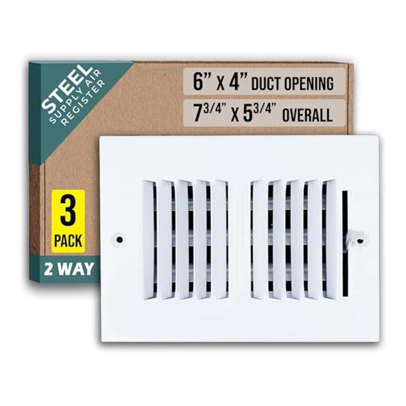[3 Pack] Fits 6x4 Duct Opening 2 Way Steel Air Supply Diffuser by | Register Vent Cover Grille for Sidewall and Ceiling | White | Out. Dim.: 7.75" X 5.75"