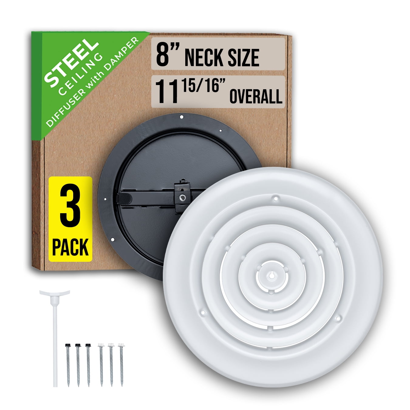 [3 Pack] Fits 8 Inch Neck Air Duct | Steel Round Air Supply Diffuser for Ceiling by Handua | 8" Neck Steel Butterfly Damper&Handle Included | Round Diffuser Vent Cover | White | Out. Dim.: 11-15/16"