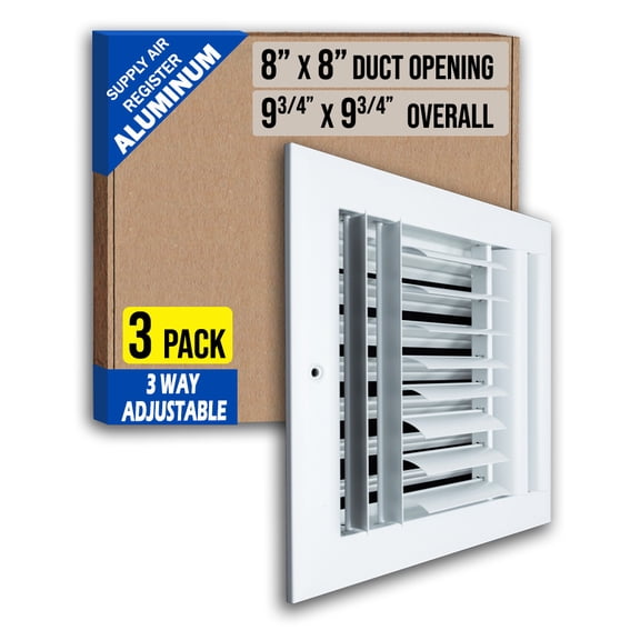 [3 Pack] Fits 8x8 Duct Opening Aluminum 3-WAY Adjustable Air Supply Grille by Handua | Curved Blade Register Vent Cover for Sidewall & Ceiling | White | Outer Size: 9.75" X 9.75"