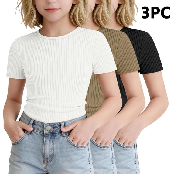 3 Pack Fitted Girls T-Shirts - Lightweight Casual Ribbed Short Sleeve Summer Tops for School Solid Color Crew Neck Tees Shirts Brown 9 Years