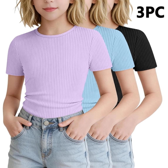 3 Pack Fitted Girls T-Shirts - Lightweight Casual Ribbed Short Sleeve Summer Tops for School Solid Color Crew Neck Tees Shirts Purples 5 Years