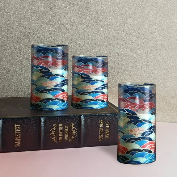 3 Pack Flameless Candles with Japanese Pattern Elements LED Candle Battery Operated Candles with Remote Control, Printed Pillar Candles for Wedding Holiday Table Home Decorations,4”5”6”
