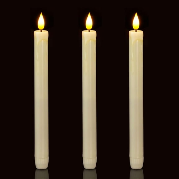 3 Pack Flameless Taper Candles, No Remote, Realistic Flickering Battery Operated Candlesticks, Ivory LED Plastic Candle Safe for Weddings, Table Decor, Christmas, and Halloween
