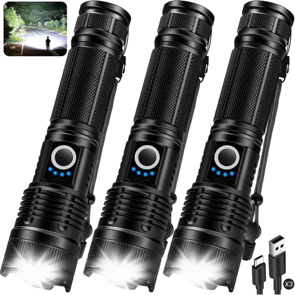 3 Pack Flashlights 90,000 High Lumens - Super Bright Rechargeable Flashlight with 5 Light Modes, IPX7 Waterproof Powerful LED Flash Light for Home, Camping