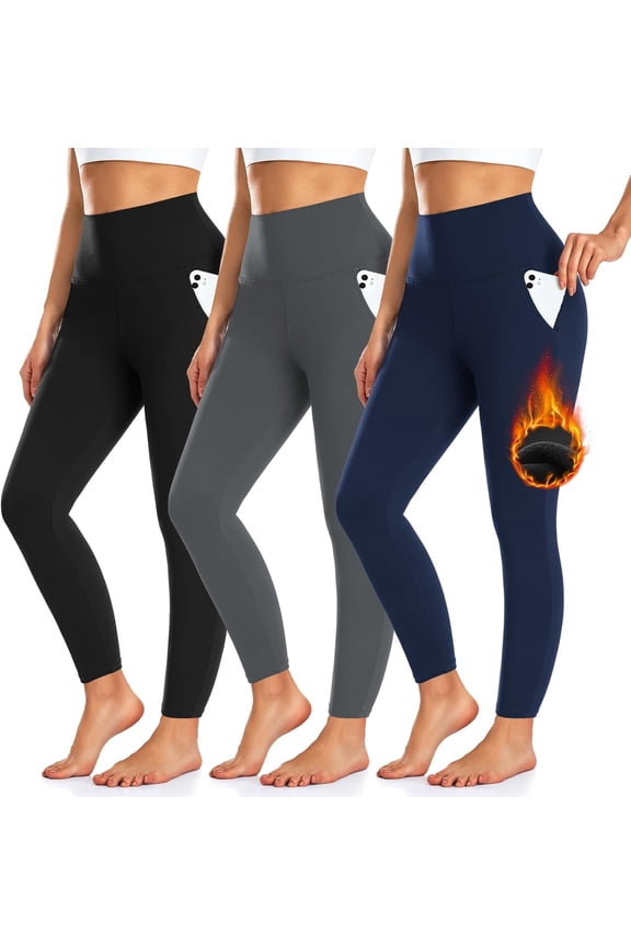 3 Pack Fleece Lined Leggings Women with Pockets -Warm Winter Yoga Pants for Women Thermal Running Workout Leggings