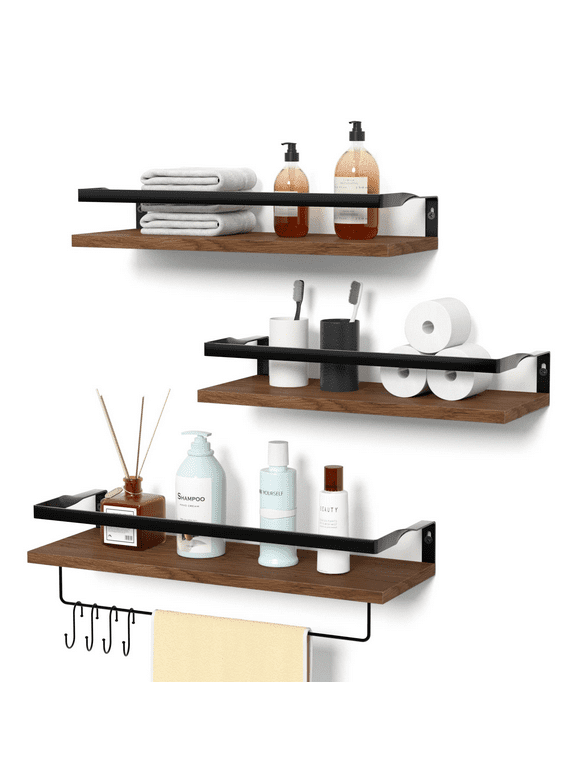 3 Pack Floating Shelves, upsimples Bathroom Shelves, Wood Wall Shelves with Towel Bar,  for Bedroom, Living Room, Brown