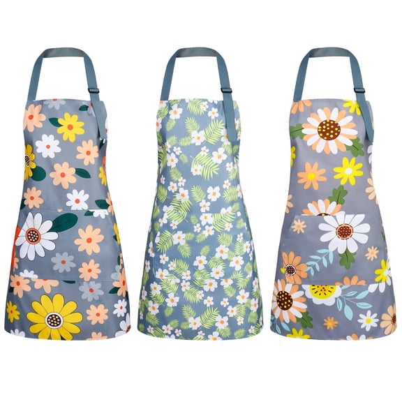 3 Pack Floral Aprons,Adjustable Waterproof Sunflower Chef Aprons with Pockets for Kitchen,Cooking(27.9 x 26.3 inch)