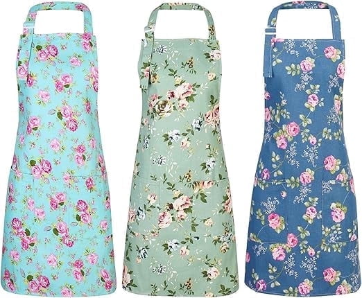 3 Pack Floral Aprons for Women, Adjustable Kitchen Aprons with 2 ...
