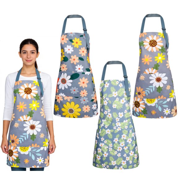 3 Pack Floral Aprons for Women, Adjustable Kitchen Aprons with Pocket Flower Apron Chef Bakers Apron for Cooking Baking