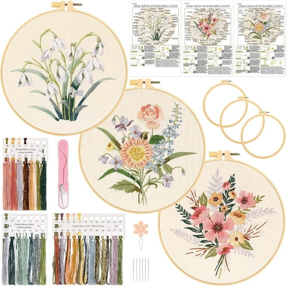 3 Pack Floral Embroidery Kit for Beginners Sewing Cross Stitch Starter Set with Flowers Pattern Stamped Cloth 3x Hoops Threads and Needles, DIY Handmade Sewing Crafts