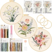 3 Pack Floral Embroidery Kit for Beginners Sewing Cross Stitch Starter Set with Flowers Pattern Stamped Cloth 3x Hoops Threads and Needles, DIY Handmade Sewing Crafts