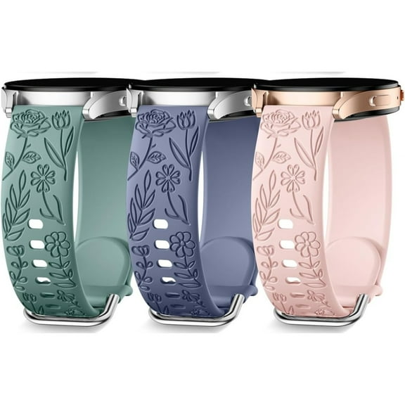 3 Pack Floral Engraved Bands Compatible with Samsung Galaxy Watch 7 Band 6 5 4 Active 2 FE 40mm 44mm/Watch 6/4 Classic/5 Pro/3, 20mm Cute Flower Silicone Sport Strap for Samsung Watch Bands Women
