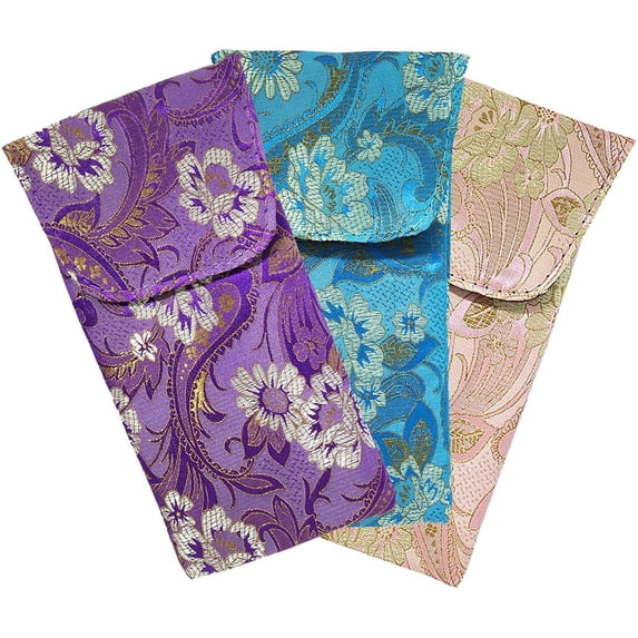 3 Pack Floral Eyeglass Case Top Closure, Slip In Eyeglass Case Soft Fits Medium To Large Glasses, Women, Asian Floral - Purple, Blue, & Pink Champagne
