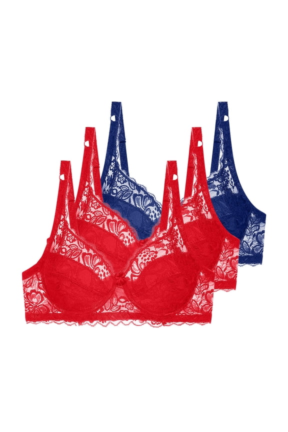 3 Pack Floral Lace Underwire Bras Womens Plus Size Plunge Push Up T-Shirt Bras Support Demi Padded Bralette, 34/75B