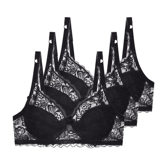 3 Pack Floral Lace Underwire Bras Womens Plus Size Plunge Push Up T-Shirt Bras Support Demi Padded Bralette, 34/75B