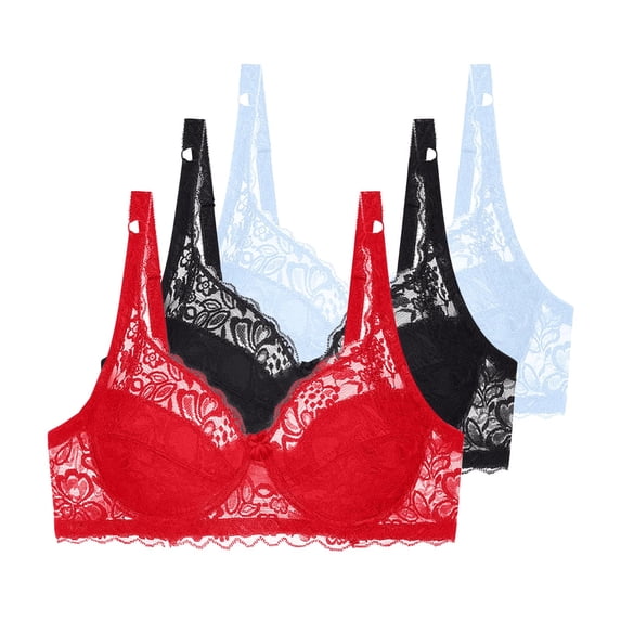 3 Pack Floral Lace Underwire Bras Womens Plus Size Plunge Push Up T-Shirt Bras Support Demi Padded Bralette, 36/80C