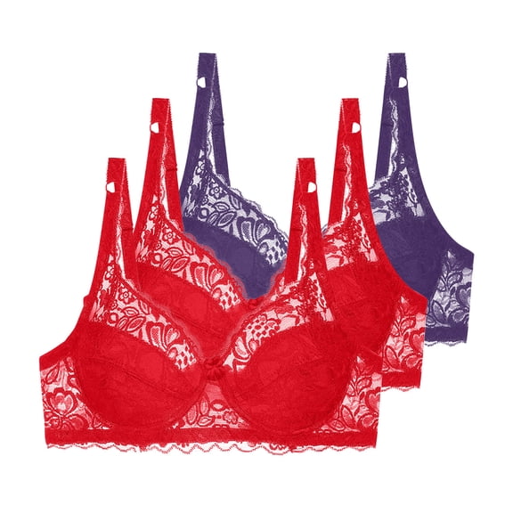 3 Pack Floral Lace Underwire Bras Womens Plus Size Plunge Push Up T-Shirt Bras Support Demi Padded Bralette, 36/80C