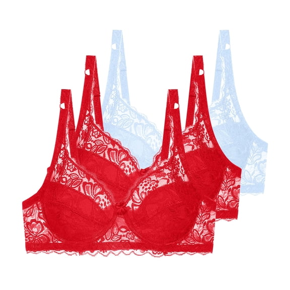 3 Pack Floral Lace Underwire Bras Womens Plus Size Plunge Push Up T-Shirt Bras Support Demi Padded Bralette, 38/85B