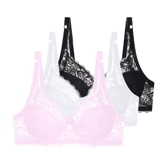 3-Pack Floral Lace Underwire Bras Womens Plus Size Plunge Push Up T-Shirt Bras Support Demi Padded Bralette, 38/85B
