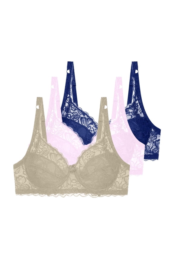 3 Pack Floral Lace Underwire Bras Womens Plus Size Plunge Push Up T-Shirt Bras Support Demi Padded Bralette, 38/85C