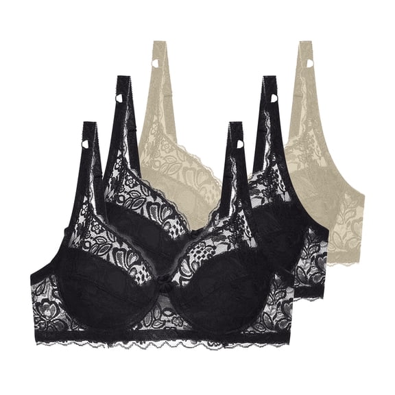 3 Pack Floral Lace Underwire Bras Womens Plus Size Plunge Push Up T-Shirt Bras Support Demi Padded Bralette, 40/90C