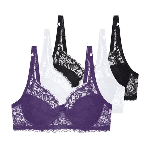 3-Pack Floral Lace Underwire Bras Womens Plus Size Plunge Push Up T-Shirt Bras Support Demi Padded Bralette, 44/100C