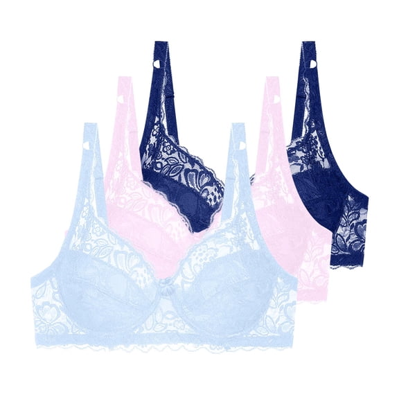 3 Pack Floral Lace Underwire Bras Womens Plus Size Plunge Push Up T-Shirt Bras Support Demi Padded Bralette, 44/100C