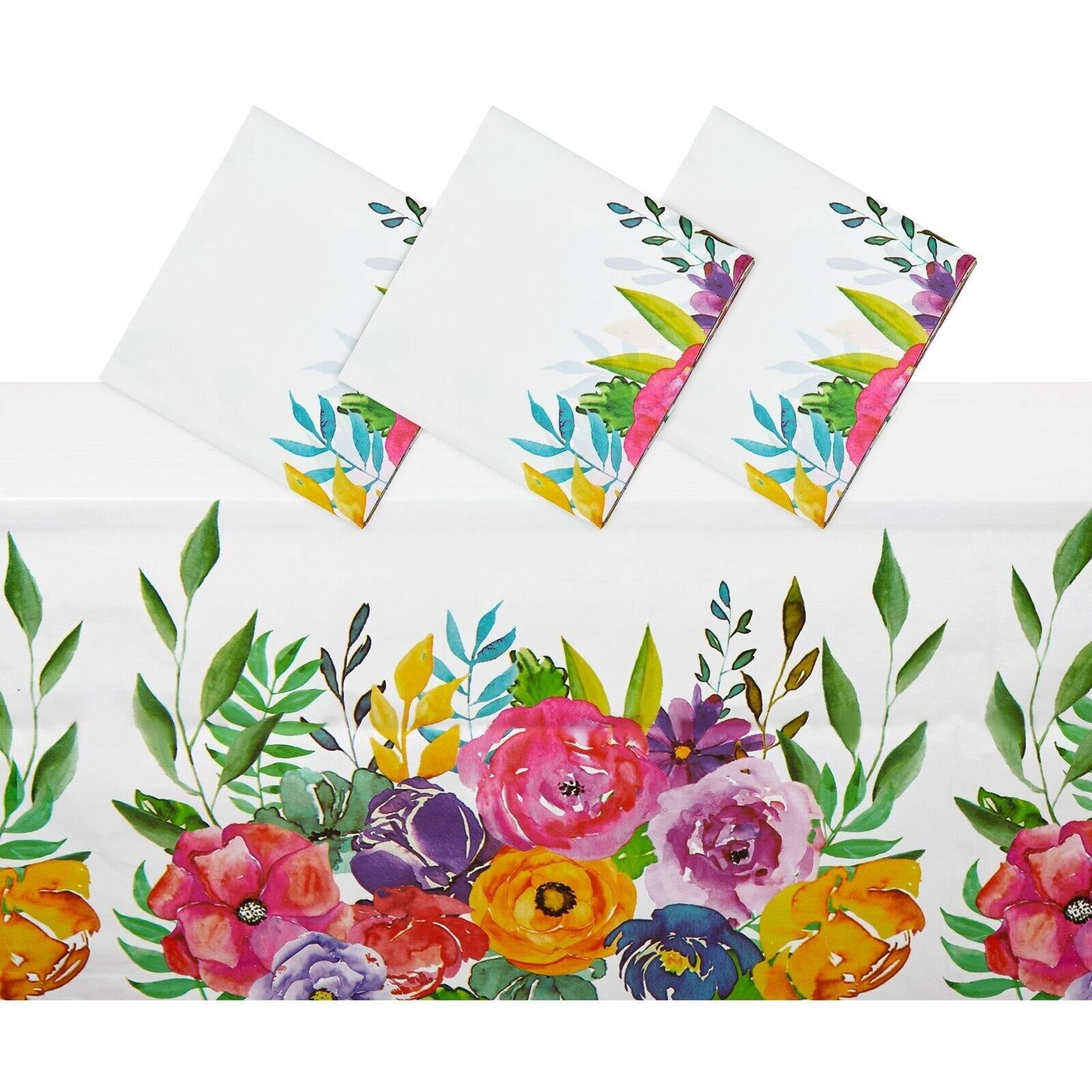 Floral Rectangular White Plastic Tablecloth Set