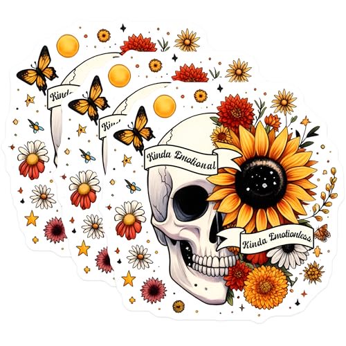 (3 Pack) Floral Skull Decals - Kinda Emotional - Laptop Decals - 3 Inches On Longest Side - Easy Peel & Apply - Made in USA - 3MCS6140