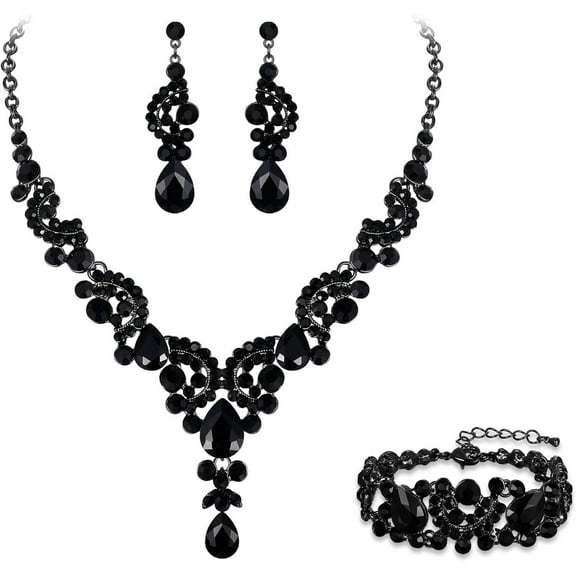 3 Pack Floral Wave Teardrop Necklace Earrings Bracelet Jewelry Black Crystal Bracelet Necklace Earrings Fashion Accessories solid silver exquisite trendy necklace prom jewelry