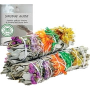 3 Pack Floral White Sage Smudge Sticks with Smudging Guide | GOOD VIBES | Smudging Sticks with Flowers for Positive Vibrations