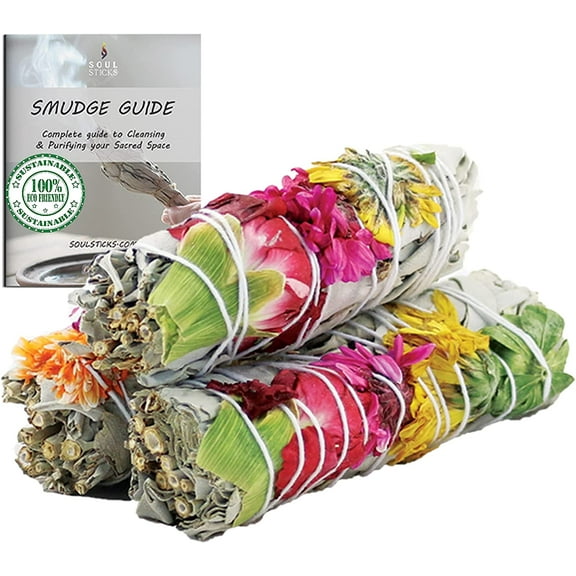 3 Pack Floral White Sage Smudge Sticks with Smudging Guide | JOY | Smudging Sticks with Flowers for Positive Vibrations
