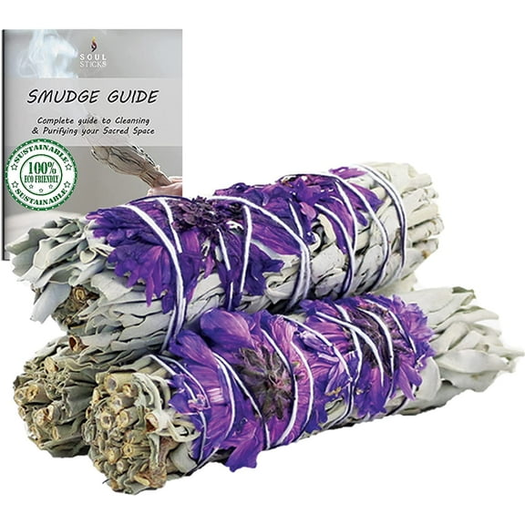 3 Pack Floral White Sage Smudge Sticks with Smudging Guide | PURPLE HAZE | Smudging Sticks with Flowers for Positive Vibrations