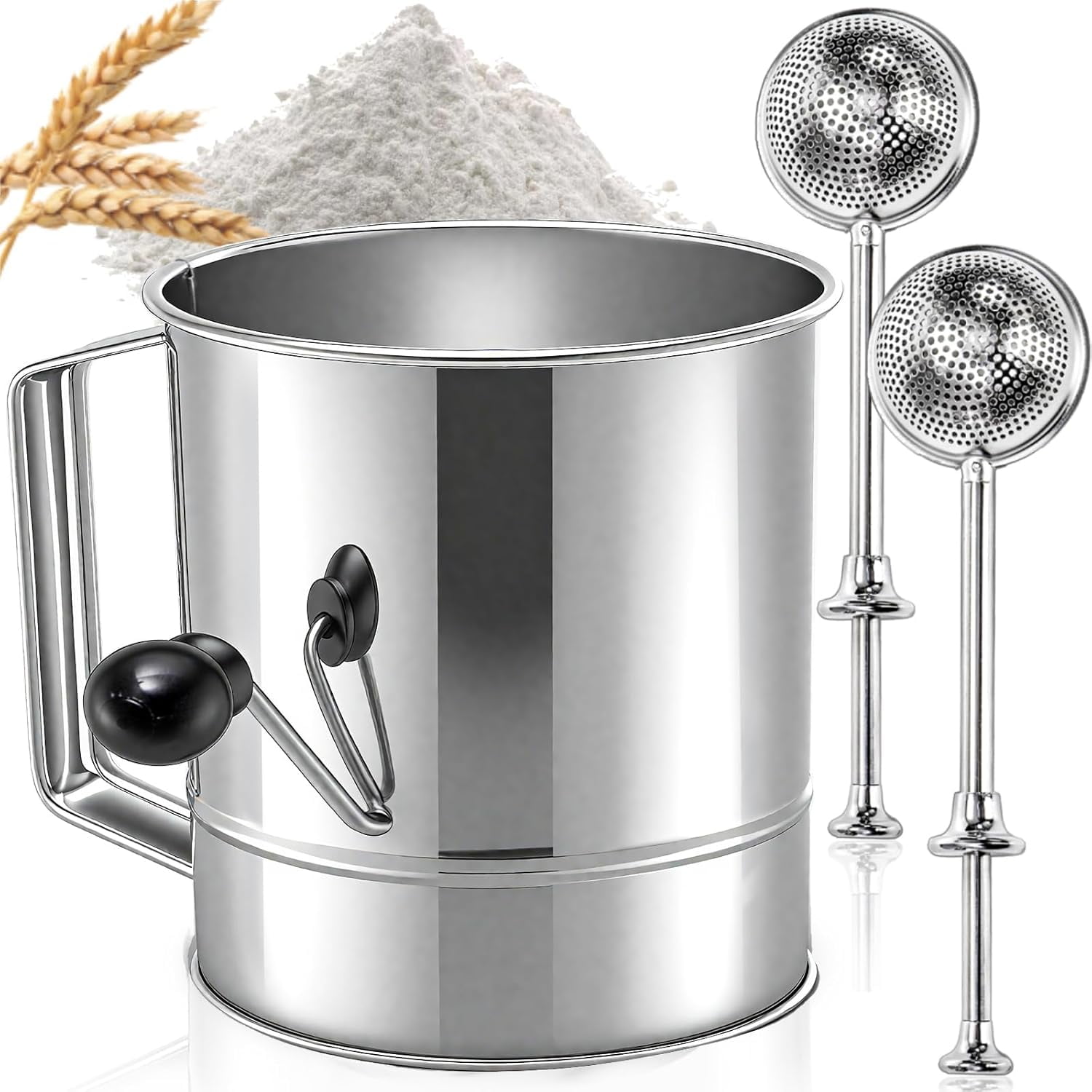 3 Pack Flour Sifter Set, 5 Cup Hand Crank Sifter with 2 Pieces Baker's ...