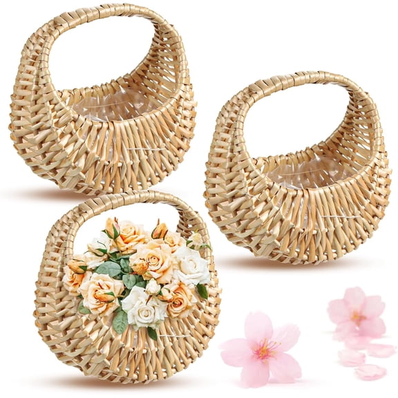 3 Pack Flower Girl Baskets Small Half Moon Wicker Basket with Handle Rattan Basket with Plastic Lining for Wedding, Picnic, Garden, Home Decor