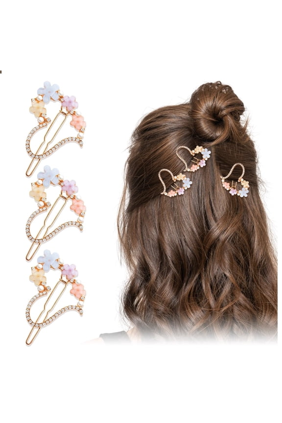 3 Pack Flower Hair Clips for Girls and Ladies - Cute Decorative Rhinestone Accessories - Metal Gold Hair Clips for Stylish
