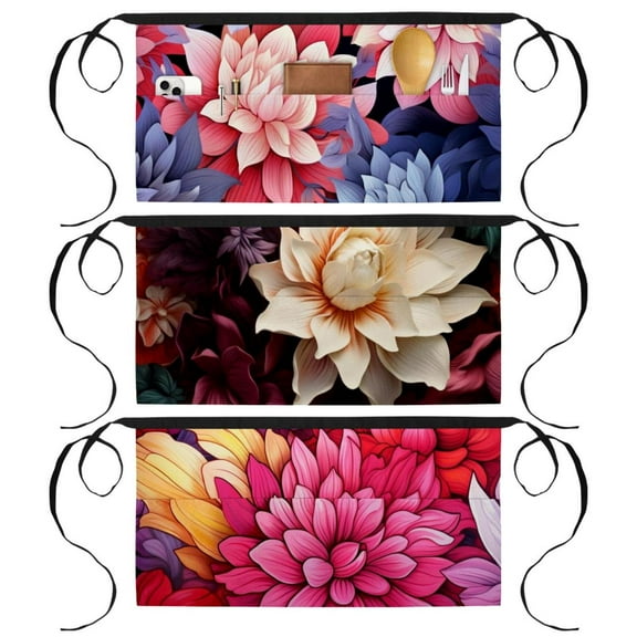 3 Pack Flower Petal Waist Aprons - Half Apron with 3 Pockets for Men and Women, Kitchen, Restaurant, 23.6x12 In, One Size Fits All