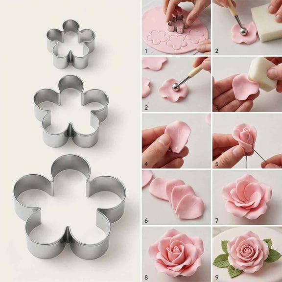 3 Pack Flower Shaped Cookie Cutters, Sturdy Baking Molds for Cookies and Sandwiches, Spring Themed Kitchen Tools