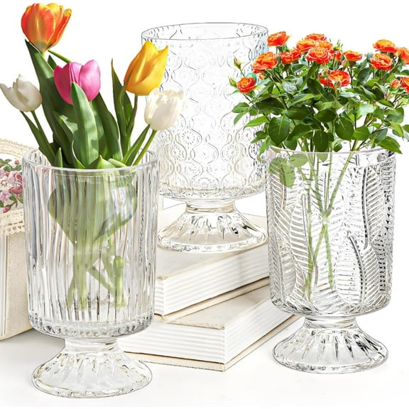 3 Pack Flower Vases for Centerpieces, Vintage Glass Pedestal Vase Set, Decorative Embossed Big Base Vase, Clear Hurricane Candle Holder, Medium Cylinder Vase for Wedding, Home, Party, Office