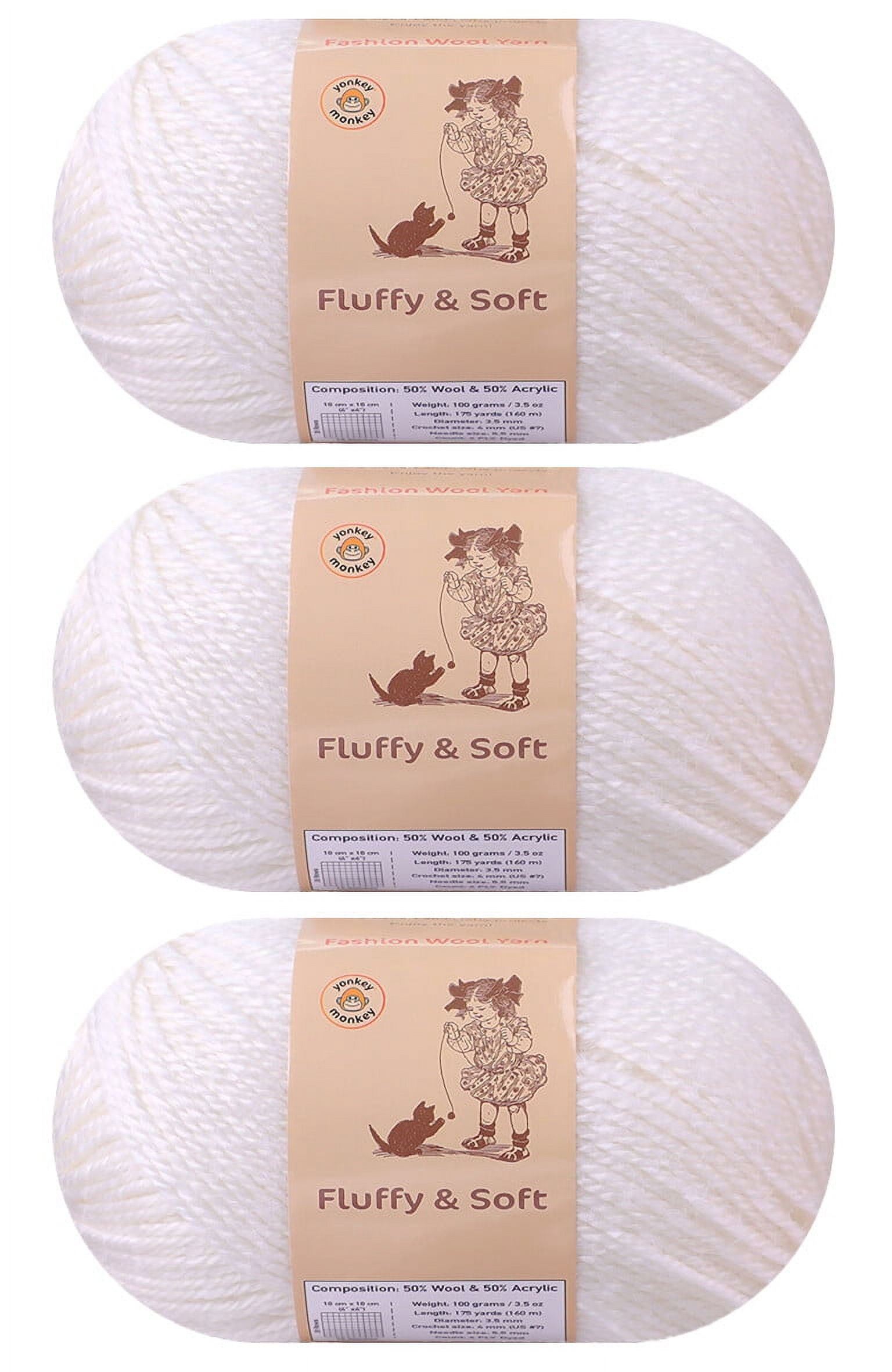 Yonkey Monkey Fluffy Wool Blend Yarn - 3 Skeins (Dream Purple), 50% Wool 50% Acrylic For Knitting & Crochet