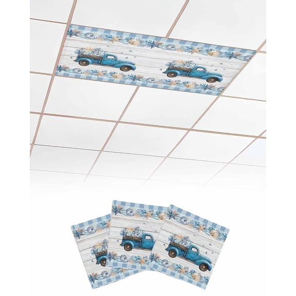 3 Pack Fluorescent Light Cover for Ceiling Lights, Blue Truck Coastal Magnetic Classroom Light Filters 4x2 Feet, Summer Beach Coral Starfish Shell Decorative Ceiling Shade Panel for Office