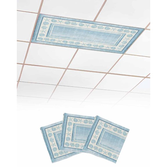 3 Pack Fluorescent Light Cover for Ceiling Lights, Light Blue Beach Coastal Magnetic Classroom Light Filters 4x2 Feet, Summer Nautical Starfish Shell Coral Vintage Ceiling Shade Panel for Office