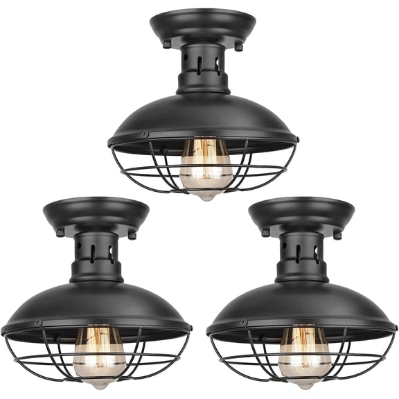 3 Pack Flush Mount Ceiling Light Industrial Farmhouse Ceiling Light Fixture Rustic Copper Metal Cage Flush Mount Light Fixture E26 Base for Hallway Foyer Kitchen Porch Black